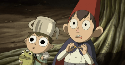 A screencap from episode one, showing Wirt and Greg shocked as the the Woodsman surprises them.