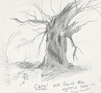 A pencil sketch of Greg running up to an Edelwood tree captioned, 'Greg: We found the ugliest tree in the world!'.