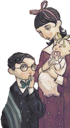 The Baudelaire siblings as shown on the cover of The Bad Beginning.
