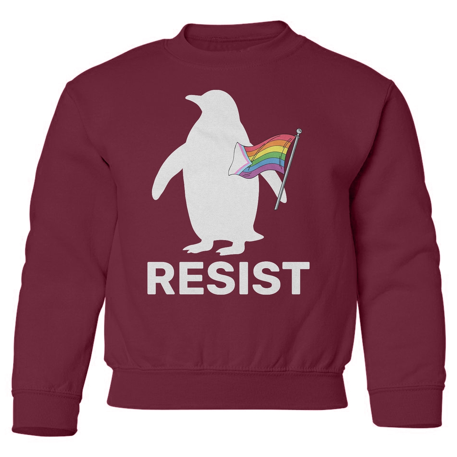Penguin Resist Protest - LGBTQ Progress Pride Flag Youth Crewneck Sweatshirt - Picture 3 of 5