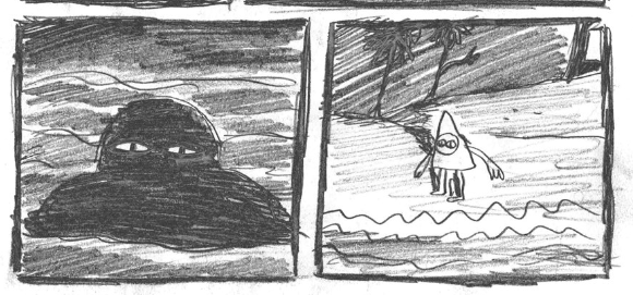 Two panels from the book. In the first, a vaguely humanoid figure peeks out of dark water. Only its eyes are visible. In the second, A figure which appears to be a person wearing a giant triangle costume with limbs protruding stands on a beach at night and looks back at the figure warily.