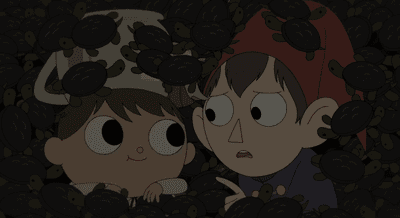 A screencap from episode seven showing Wirt and Greg shushing each other and covered in turtles.