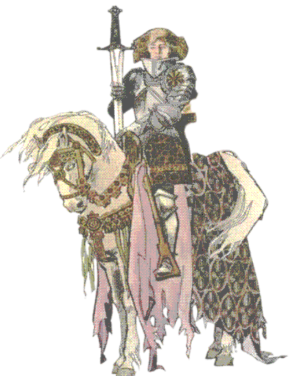 An illustration of a lady knight atop a horse.
