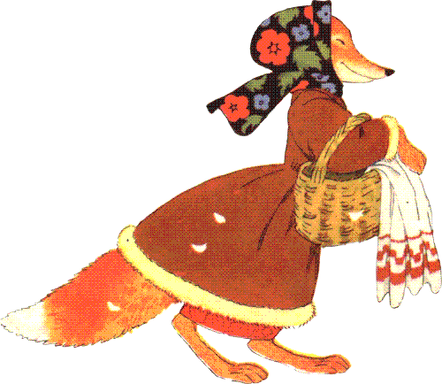A dithered illustration of an anthropomorphic fox dressedin a dress-like brown coat and a scarf around its head. A wicker basket holding a towel is hung on one arm. It is smiling.