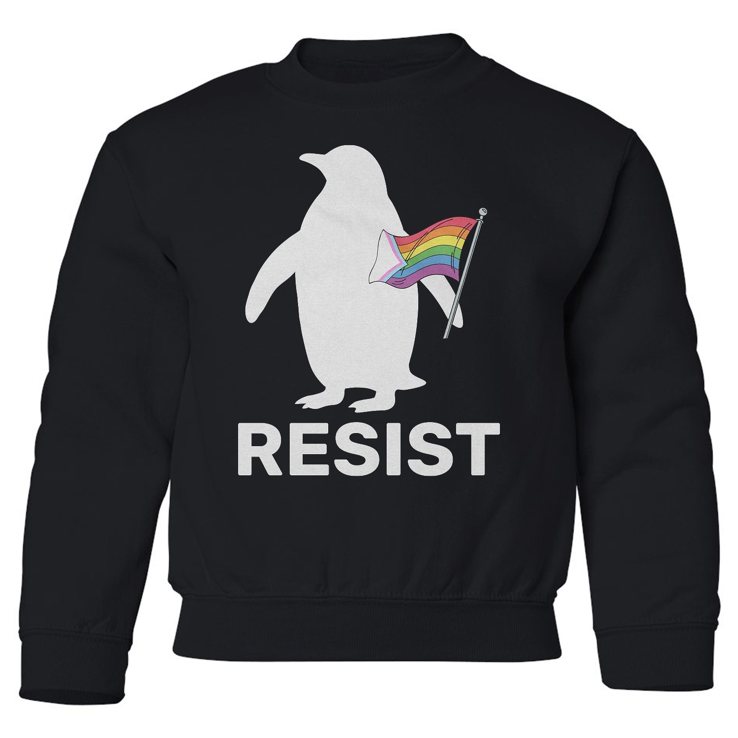 Penguin Resist Protest - LGBTQ Progress Pride Flag Youth Crewneck Sweatshirt - Picture 2 of 5