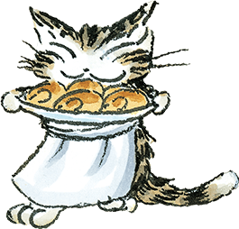 A transparent image of Dayan, the WachiField cat, wearing an apron and holding out a tray of mouse-shaped buns with a charming smile.
