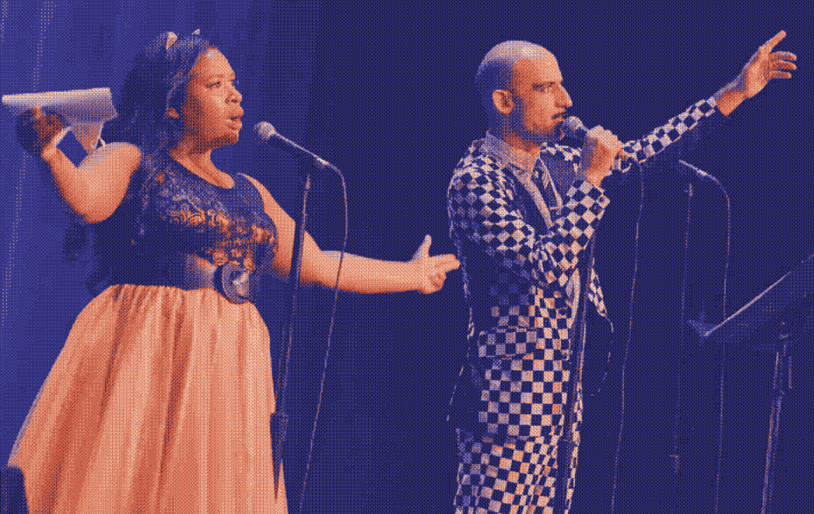A photo of Symphony Sanders and Cecil Baldwin, two voice actors on Night Vale, speaking during a live show.