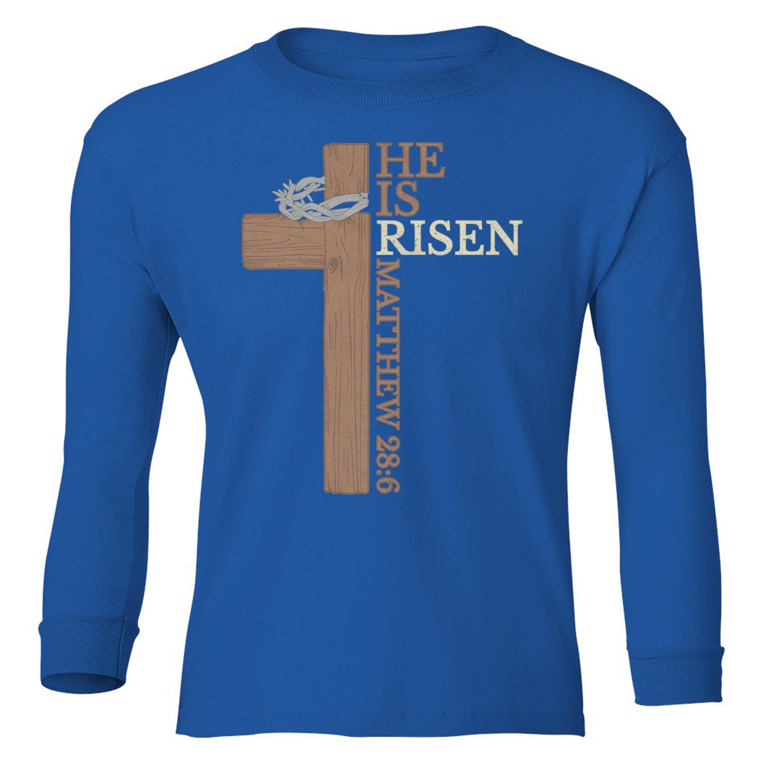 He Is Risen – Matthew 28:6 Cross Easter Design Youth Long Sleeve T-Shirt - Picture 10 of 10