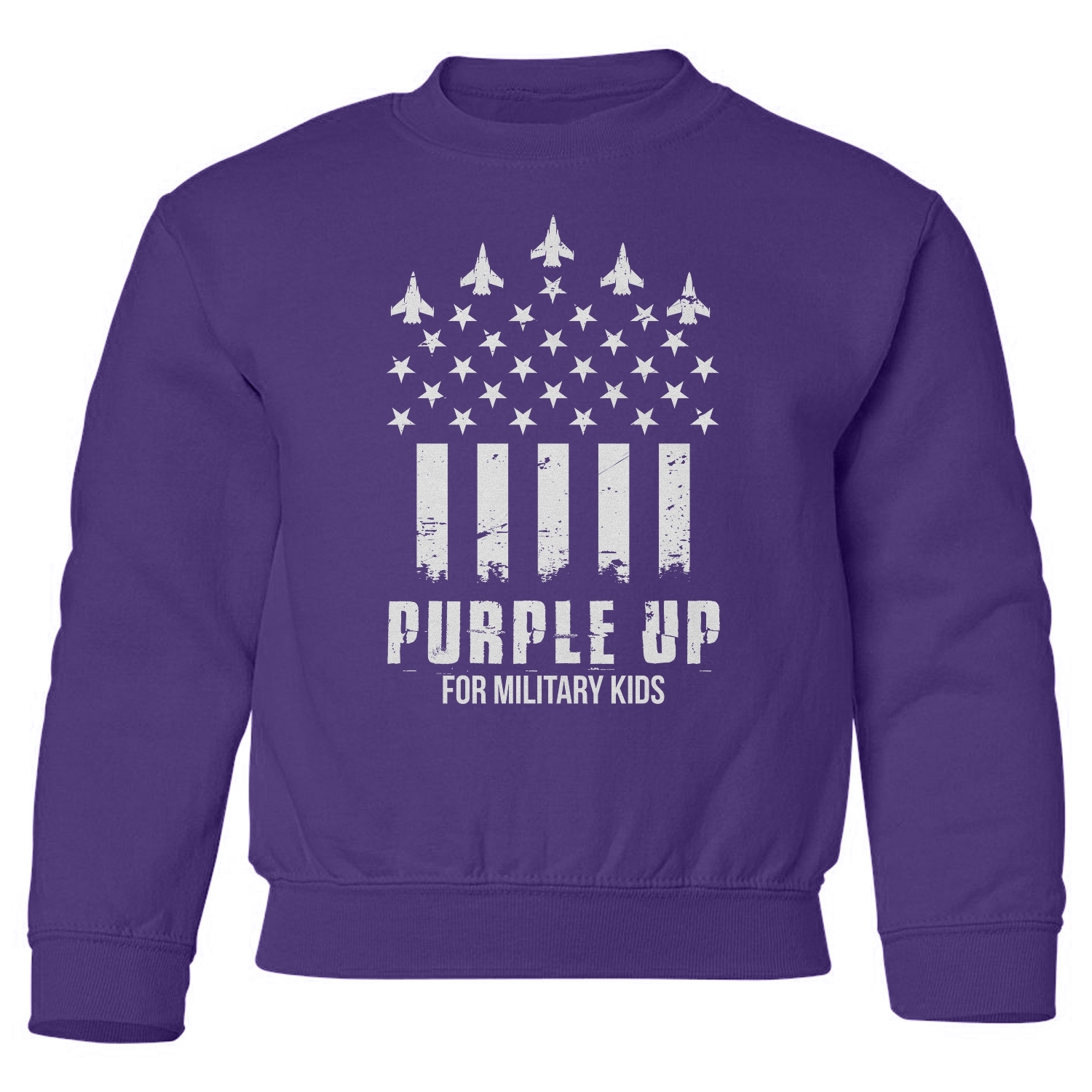 Purple Up For Military Kids - US Flag Fighter Jets Youth Crewneck Sweatshirt - Picture 3 of 3