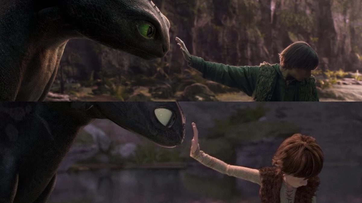 A side by side comparision of the live-action and animated versions of the aforementioned scene. In the live action, the lighting is brighter because of the expanded background and feels less material.