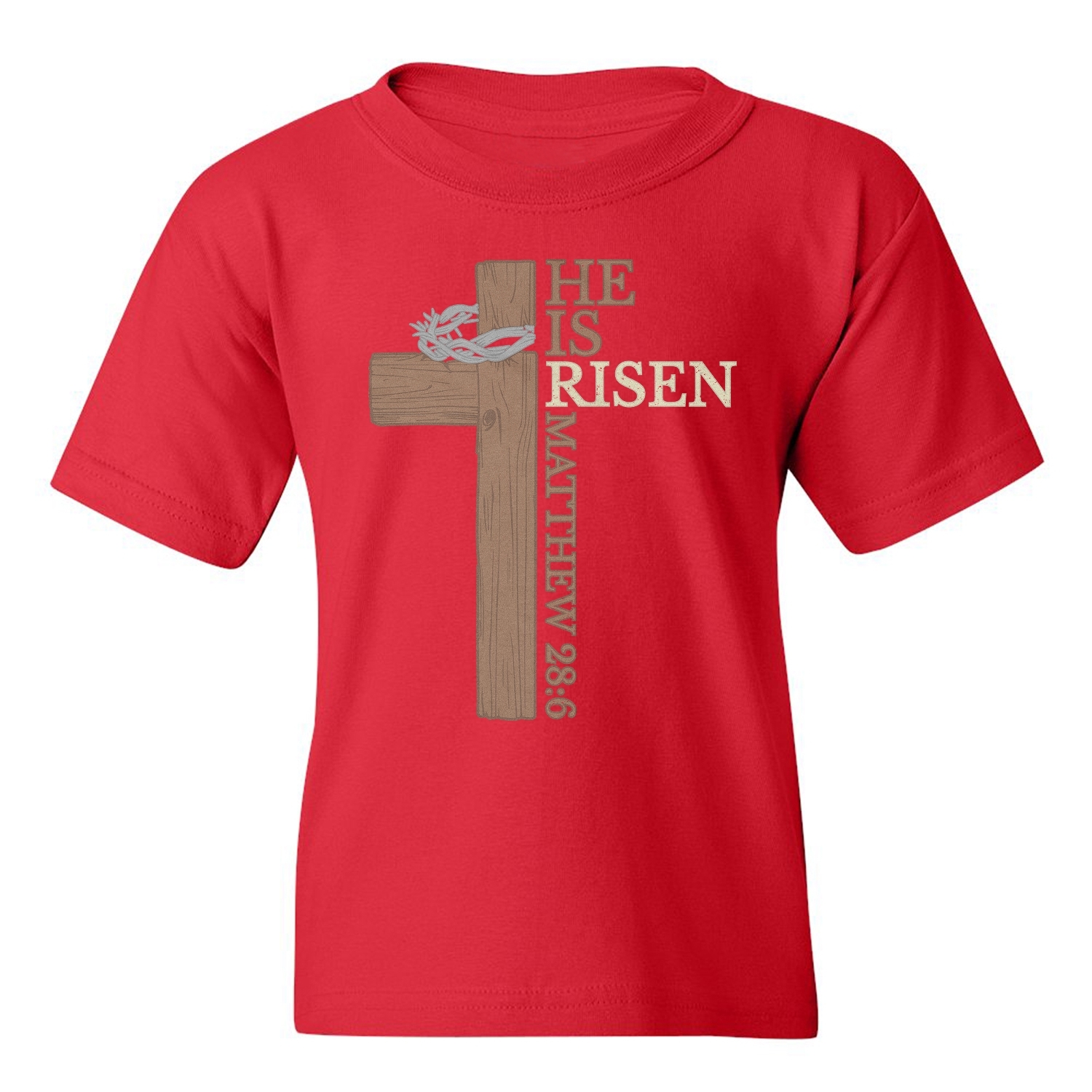 He Is Risen – Matthew 28:6 Cross Easter Design Youth Unisex T-shirt - Picture 10 of 12