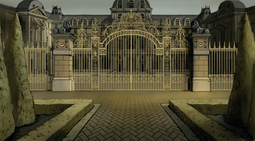 A painting of the gilded gates to Endicott's manor.