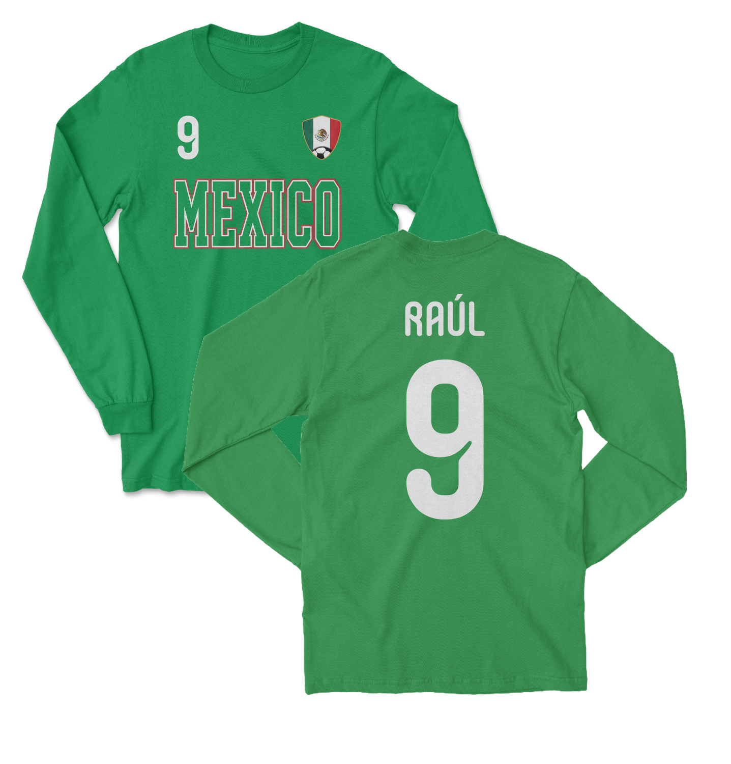 Mexico Raul 9 Soccer Inspired Jersey Style 2-Side Long Sleeve T-Shirt