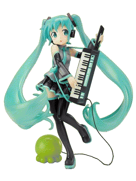 A figuring of Miku playing a piano guitar with a leg raised and a distracted expression.
