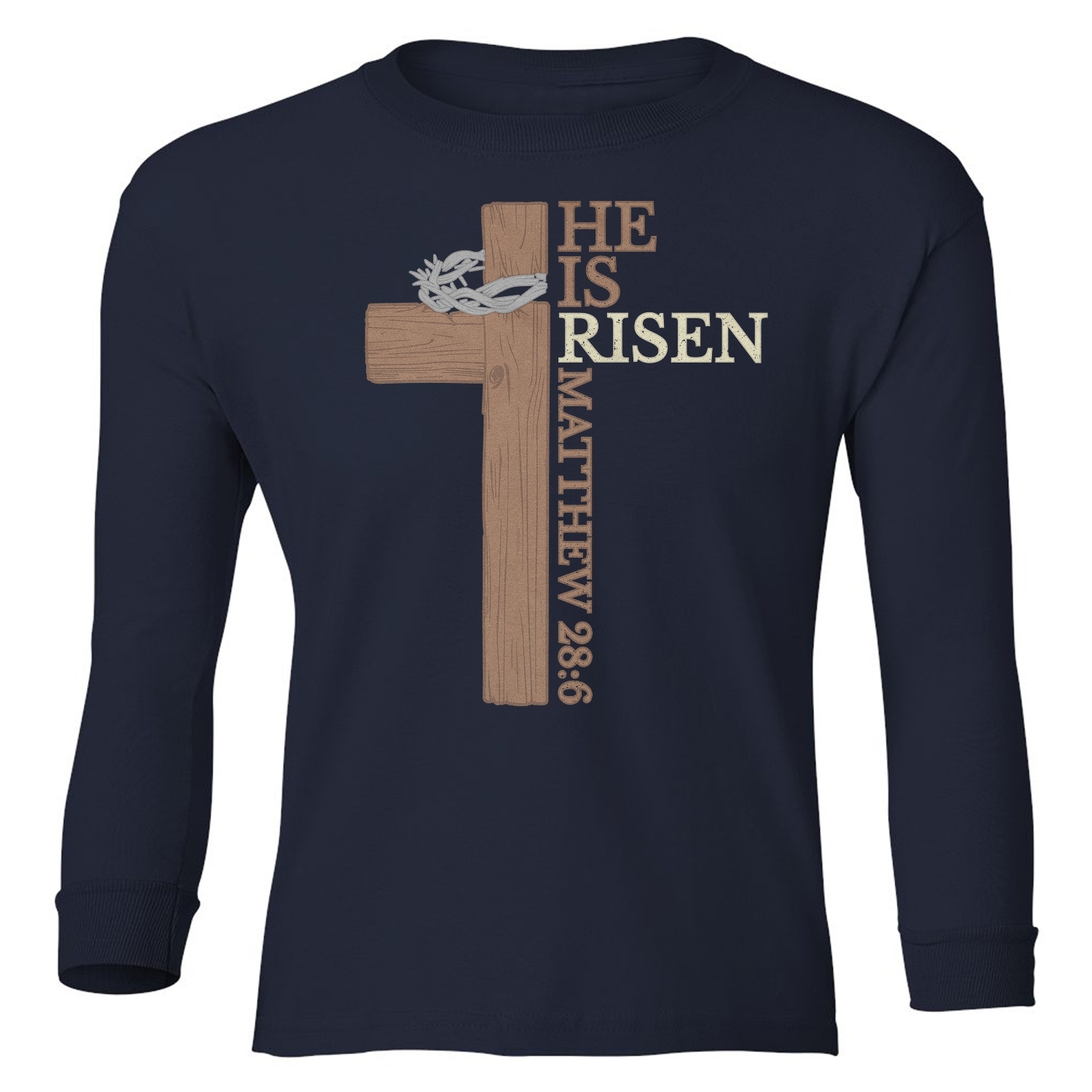 He Is Risen – Matthew 28:6 Cross Easter Design Youth Long Sleeve T-Shirt - Picture 7 of 10