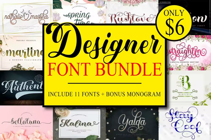 Designer Font Bundle 11 Premium Fonts With Bonus Monogram – (5 MB) Designer Font Bundle 11 Premium Fonts With Bonus Monogram – (5 MB)