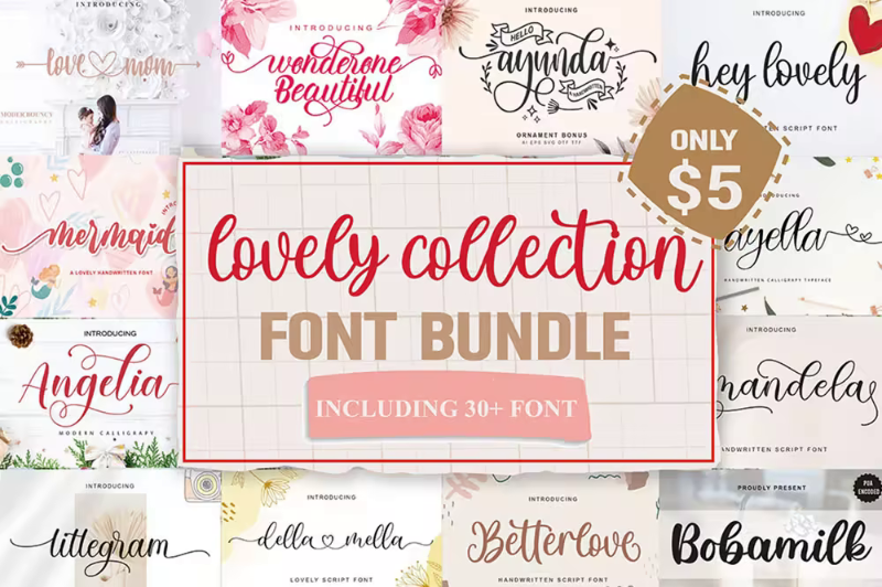 Lovely Collection Font Bundle 30 Premium Fonts – (9 MB) Lovely Collection Font Bundle 30 Premium Fonts – (9 MB)