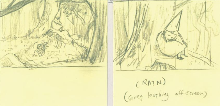 Two sketches on a yellow sticky note. The first shows Greg sitting under a tree as Greg plays happily next to him. The second is a zoom-in on Wirt, eyes closed, looking weary. The text beneath him reads, '(RAIN) (Greg laughing)'